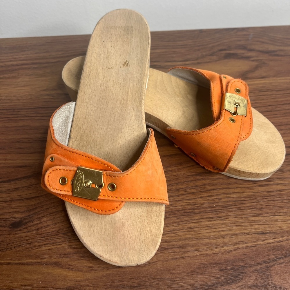 VTG Dr. Scholl’s The Original Wood Sole Sz 6 Orange Sandals Y2K Made in Italy - Picture 4 of 14